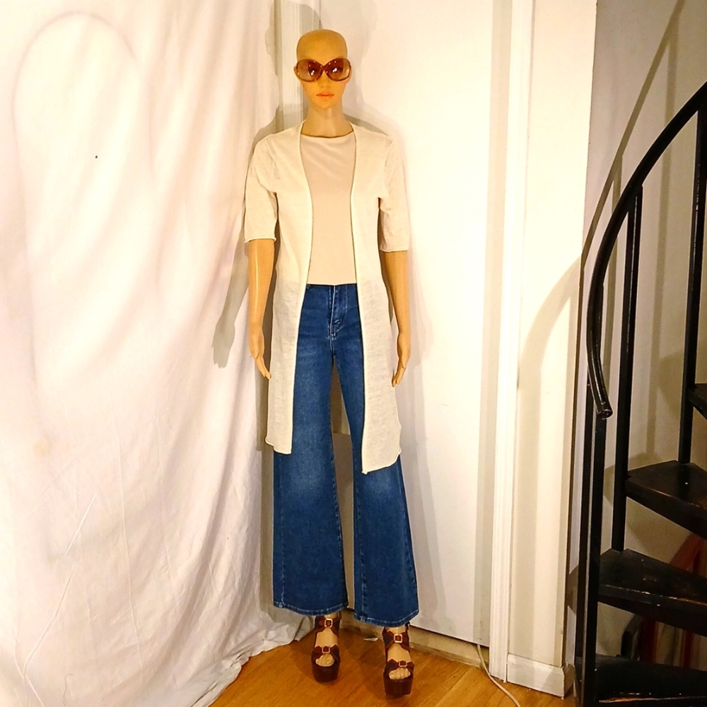 NWOT Karoo (Mark Eisen) Short Sleeve Semi Sheer Cream Linen Cover Top